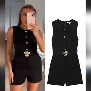 Zara Belted Black Romper/Jumpsuit with Gold Detail NWT XS